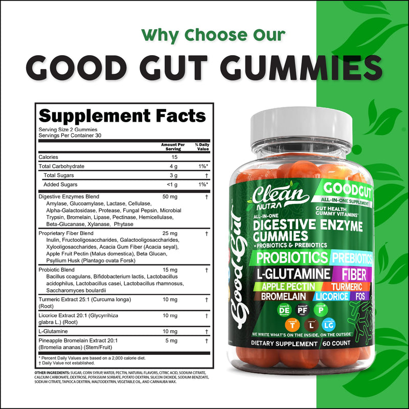 Clean Nutraceuticals Digestive Enzymes with Probiotics & Prebiotics for Digestive Health Gummies & L-Glutamine for Gut Health Bromelain Apple Pectin Inulin FOS Plant Based Vegan Gummy Vitamins 1