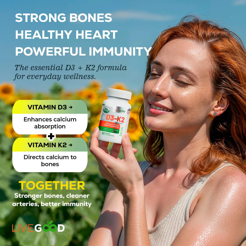 LiveGood Vitamin D3 K2 2000 IU, Organic Vegan D3 K2 Supplement with MK-7 | Organic, Vegan, MK-7, Immune & Bone Support, 60 Capsules, Non-GMO, Made in USA, No Fillers, Daily Wellness Formula