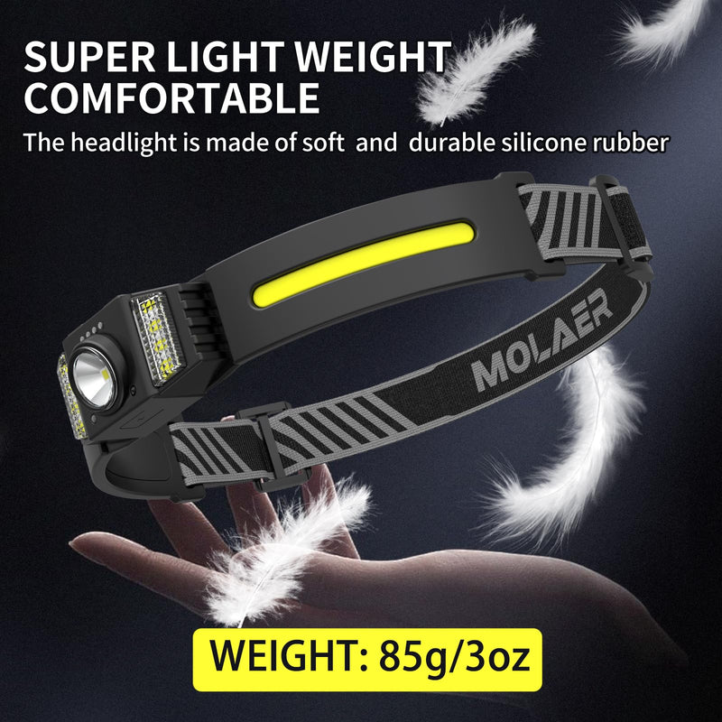 LED Headlamp Rechargeable 2PCS, Wide Beam Bright Headlight Flashlight with White Red Light, Lightweight, Weatherproof, 9 Modes Motion Sensor Head Lamp for Outdoor Camping Running 2-PACK
