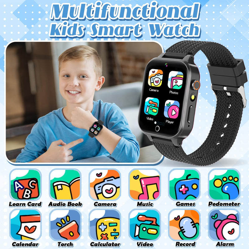Tywop Smart Watch for Kids Girls Age 3-12 with 26 Puzzle Games HD Video Camera Touchscreen Music Player Learning Cards Storybook Pedometer Metal Case Kids Watch Toy Birthday Gifts Black - BeesActive Australia