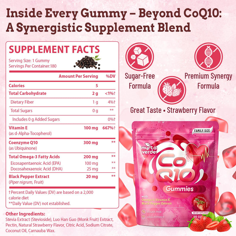 (180 Count) CoQ10 Gummies 300mg Sugar-Free | High Absorption Coenzyme Q10 Supplements with Omega-3, Vitamin E & Black Pepper | Heart, Fertility & Energy | 6 Month Supply, Strawberry Flavor 180 Count (Pack of 1)