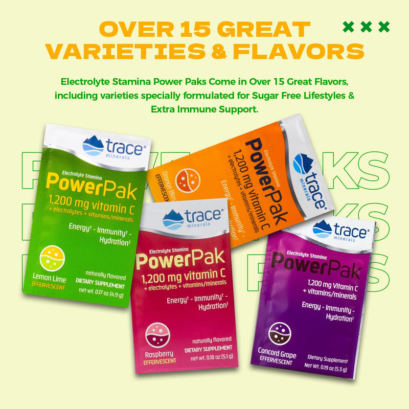 Trace Minerals Power Pak Electrolyte Drink Mix, Lemon Lime, 30 Packets | 1,200 mg vitamin C per serving with zinc and magnesium. Promotes immunity and supports hydration. No artificial dyes.