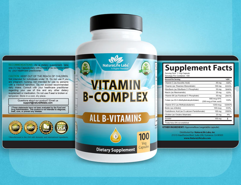 NaturaLife Labs Vitamin B Complex – All B Vitamins Including Active B2, B6, B9 & B12 (Methylcobalamin), Plus B1, B3, B5, B7 & Vitamin C – 100 Capsules (2 Pack) 2