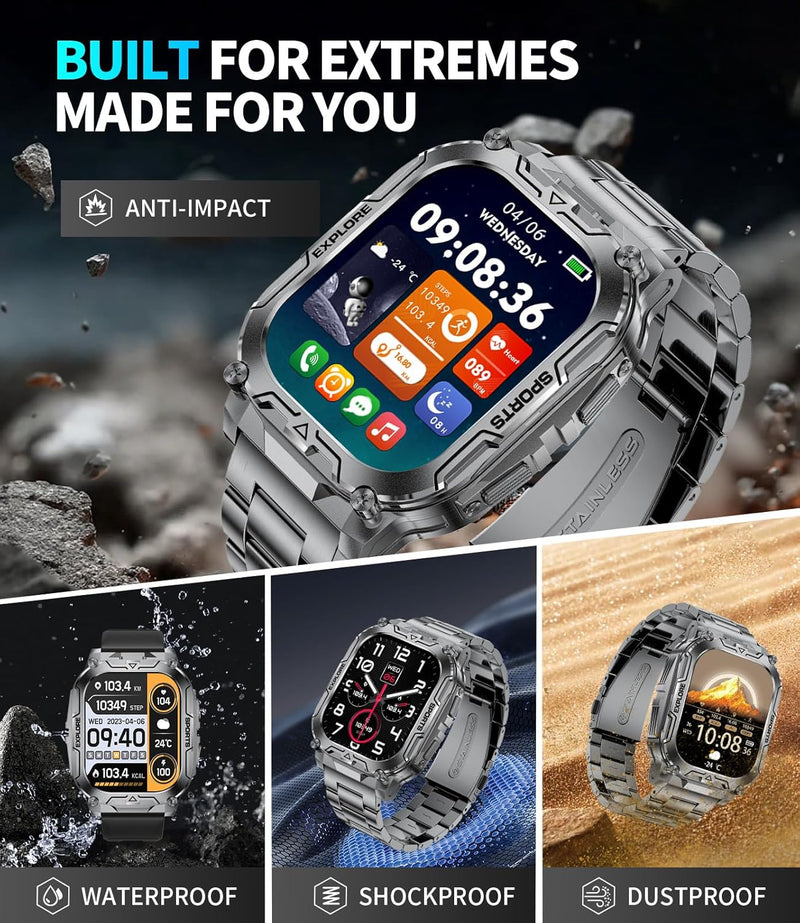 TX12 Smart Watch for Men, 1000 mAh Battery/LED Flashligh Military Smart Watches, 2.01'' HD Fitness Tracker, 100+ Sports Mode/Pedometer/IP68 Waterproof Smartwatch for Android iOS Phones