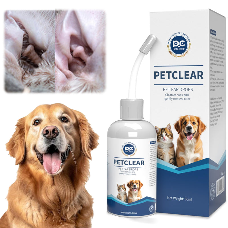 Ear Cleaner for Dogs and Cats, with Bendable Applicator, Non-Irritating, Dog Ear Cleaner Solution to Eliminates Ear Odour, Dirt and Debris, 60ml