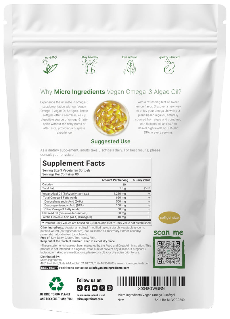 Micro Ingredients Vegan Omega 3 Algae Oil, 240 Veggie Softgels | Fish Oil Alternative | DHA 500mg & DPA 100mg | Carrageenan Free | Plant-Based Omega 3 with Flaxseed & ALA | Lemon Flavored