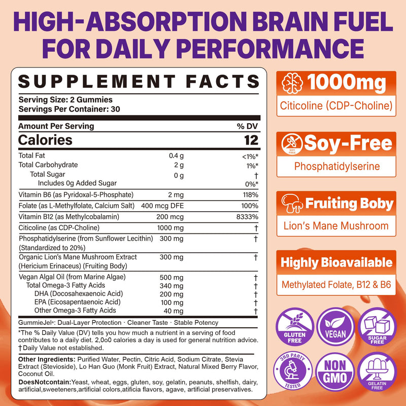 NEVISS Citicoline 1000mg & Phosphatidylserine 300mg, CDP Choline Gummies | Brain Supplement for Memory and Focus w/ Lion's Mane Mushroom, Omega-3, Methylfolate, B6 B12,Non-GMO Soy Free,Sugar Free,60Ct