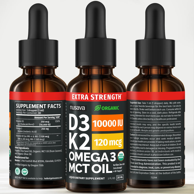 NUSAVA Extra Strength Vitamin D3 K2 Drops 10000 IU, Pack of 2 | Bone, Heart and Immune Support, Extra Strength Vitamin D3 and K2 10000 IU, Non-GMO, Liquid Drops for Women and Men Unflavored (Extra Strength) 1 Fl Oz (Pack of 2)