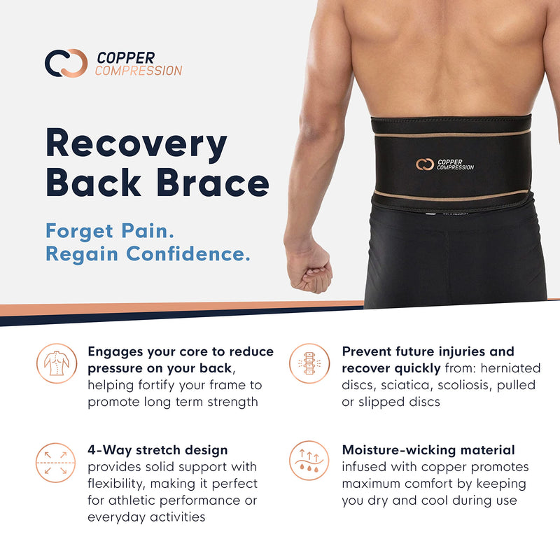 Copper Compression Back Brace. Copper Infused Lumbar Support for Lower Back Relief, Sciatica, Herniated Disc, Scoliosis, Pain & Strains. Adjustable & Breathable. Fits Men & Women (Waist 36" - 42") Large/X-Large (Pack of 1)