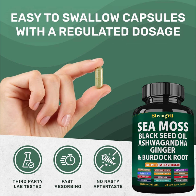 Sea Moss Black Seed Oil Ashwagandha Ginger, Organic Sea Moss Capsules with Burdock Root, Irish Seamoss Pills with Bladderwrack, Turmeric, Shilajit, Multimineral Supplement, USA (120 Capsules) 120 Count (Pack of 1)