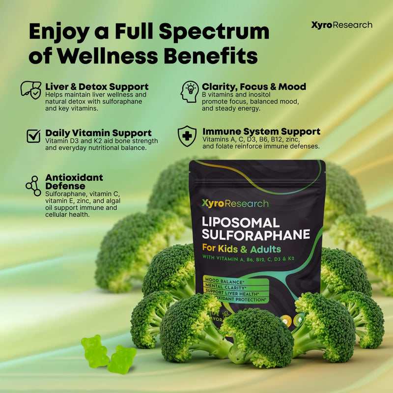 Liposomal Sulforaphane Gummies - 150mg Broccoli Sprout Extract with Vitamins Supplement for Kids Adults - Antioxidant Cellular Health & Liver Detox Support - Non-GMO Vegan Sugar-Free 60 Count (Pack of 1)