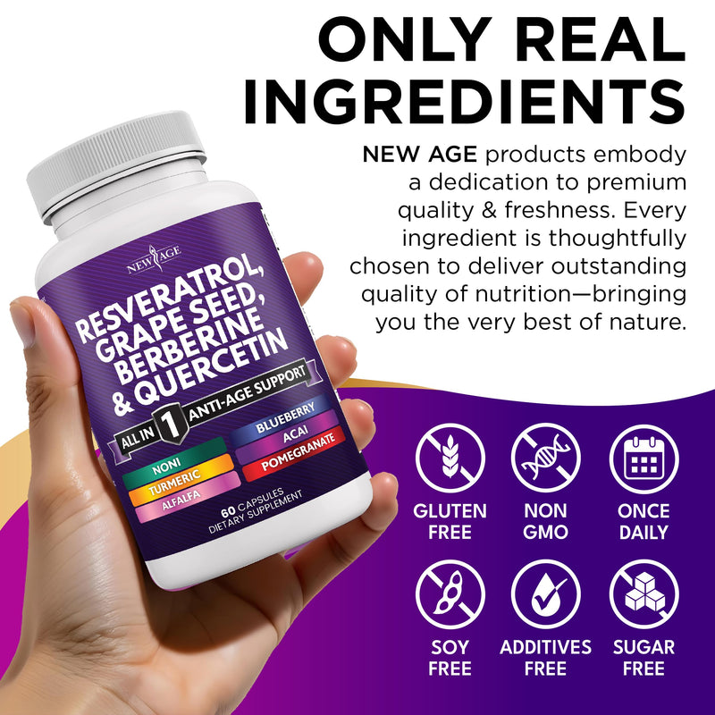 NEW AGE Resveratrol, Berberine, Grape Seed Extract, Quercetin, Polyphenol Supplement for Women and Men with Noni, N-Acetyl Cysteine, Acai - 180 Capsules 180 Count (Pack of 1)