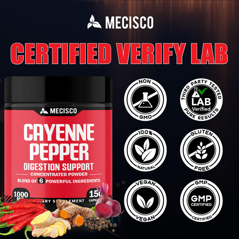 Mecisco Cayenne Pepper Capsules with Ginger Root, Beet Root, and Black Pepper and More - 150 Capsules - 6in1 150 Count (Pack of 1)