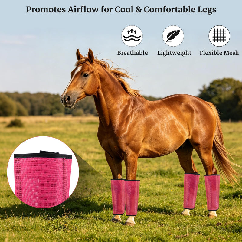 Mesh Horse Fly Boots Set of 4 Loose Fitting Breathable Leggings for Horses, Adjustable Anti-Stomping Leg Wraps, Stay-Up No-Slip Design for All 4 Legs, Pink