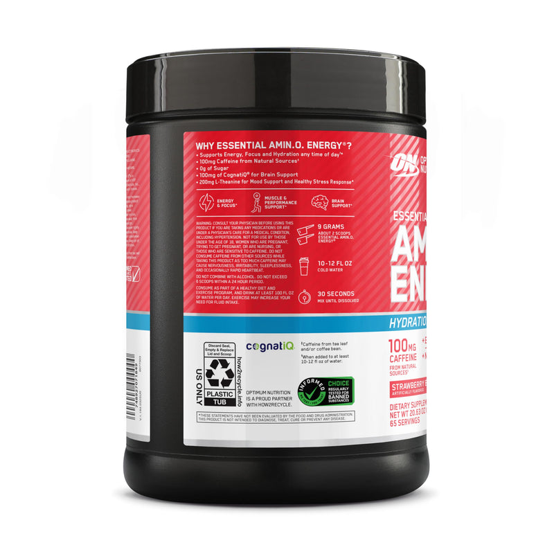 Optimum Nutrition Amino Energy Powder Plus Focus, with BCAA, Electrolytes, and Caffeine, Strawberry Burst, 65 Servings (Packaging May Vary) | Contains BCAAs, Electrolytes, 100 mg Caffeine, 5g Amino Acids, Zero Sugar, Supports Hydration, Banned Substanc...