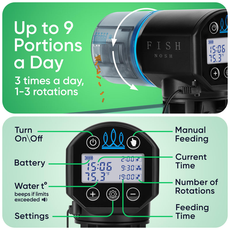 FISHNOSH Automatic Fish Feeder for Aquarium with Digital Thermometer - New Generation 2025, Auto Food Dispenser with Timer for Small Tank & Big Aquariums - BeesActive Australia