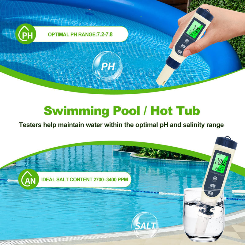 Pious PH Tester Digital, 5 in 1 PH Meter for Water/Salinity Meter/tds/ec/Thermometer, Pool Salt Tester with Constant Temperature Compensation, Suitable for Drinking Water Swimming Pools Aquariums Blue - BeesActive Australia