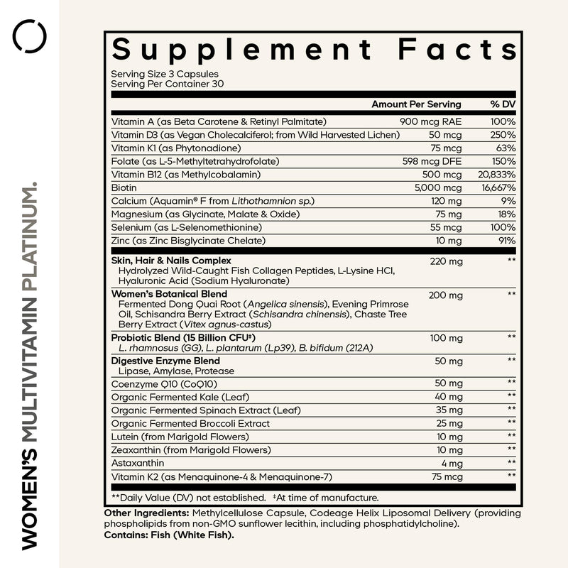 Codeage Women’s Multivitamin Platinum - Vitamins A D3 K1 K2 B12 & Minerals, CoQ10, Skin, Hair & Nails Complex, Collagen, Botanicals, Probiotics, Fermented Greens, Lutein, Astaxanthin - 90 Capsules
