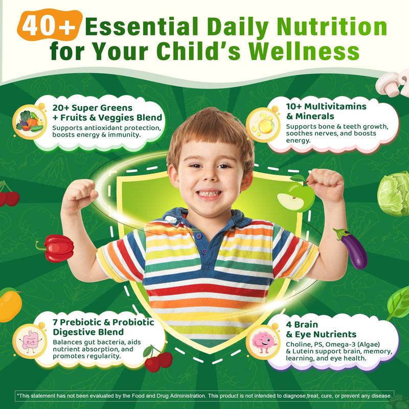 Kids Multivitamin Gummies, 20+ Fruit Veggies Super Greens Gummies for Kids | Superfood Daily Fiber Gummies for Picky Eater w/ Probiotics, Vitamins & Minerals for Growth, Gut, Immune -Sugar Free, 60Cts 60 Count (Pack of 1)