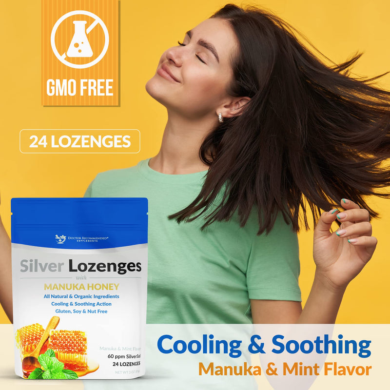 Silver Lozenges with Organic Manuka Honey and Vitamin C - All-Natural Nano Silver 45-50mcg of 60 PPM Colloidal Mineral Drops to Support Immune System, Soothe, Cool Cough & Throat, 96-Lozenges 24 Count (Pack of 4)
