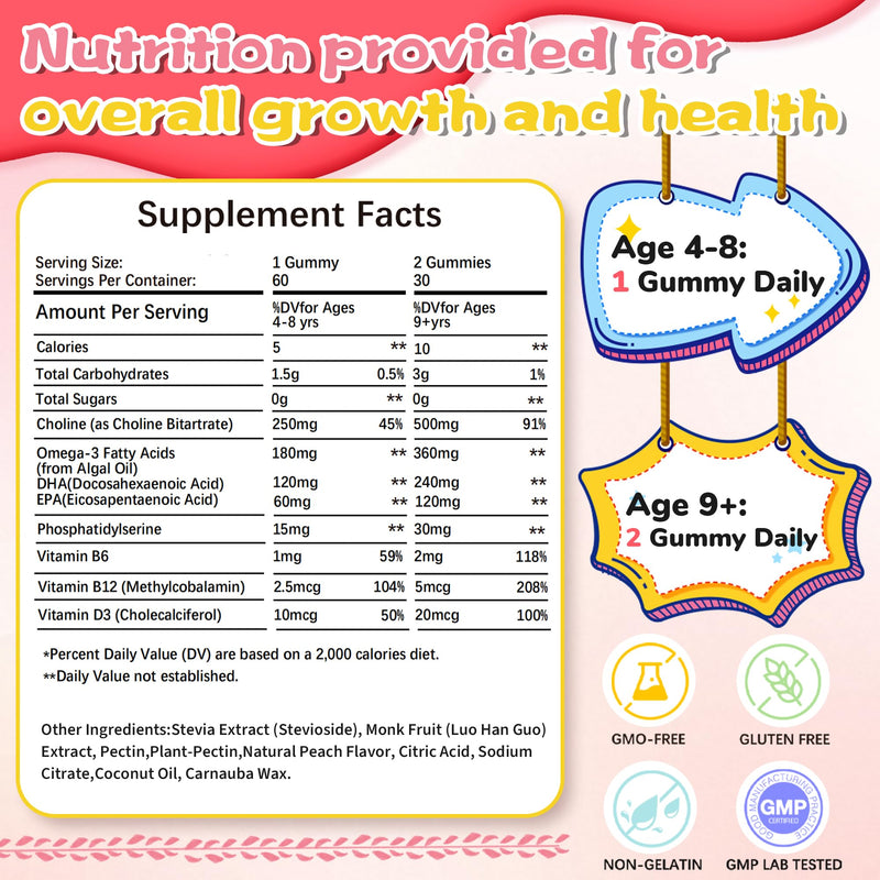 (2 Pack) Choline Supplements Gummies with Omega 3(DHA+EPA),Phosphatidylserine for Kids & Teens 4+ with Vitamin D3,B6 & B12 for Brain Health, Focus, Immune Support, Sugar-Free, Vegan - 120 Count 60 Count (Pack of 2)