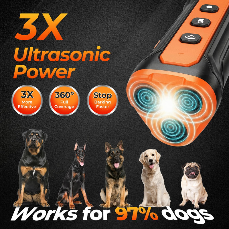 Dog Bark Deterrent Device,3X Ultrasonic Anti Barking,33 FT Bark Control Indoor Outdoor with Flashlight,5 Modes Stop Neighbors Dog Barks,Rechargeable Dog Training Device (Orange) Orange