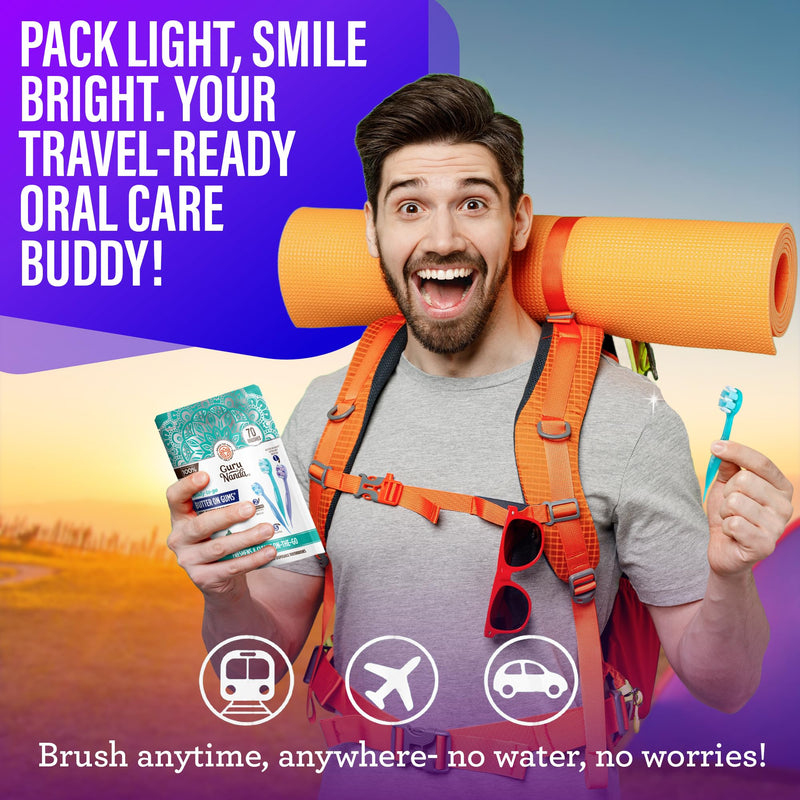 GuruNanda Ready-to-Go Disposable Mini Travel Toothbrushes - Butter on Gums Softex Bristles, Pre-Pasted Toothbrush & Toothpick - Fluoride-Free, No Rinsing Needed, 70 Ct 70 Count (Pack of 1) - BeesActive Australia