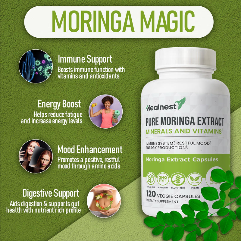 Pure Moringa Extract Capsules – 20:1 (20,000 mg) Potent Formula – Vegan Superfood Supplement with Vitamins & Minerals – Energy, Immunity, Digestion & Mood Support – 120 Capsules – Non-GMO, Gluten-Free