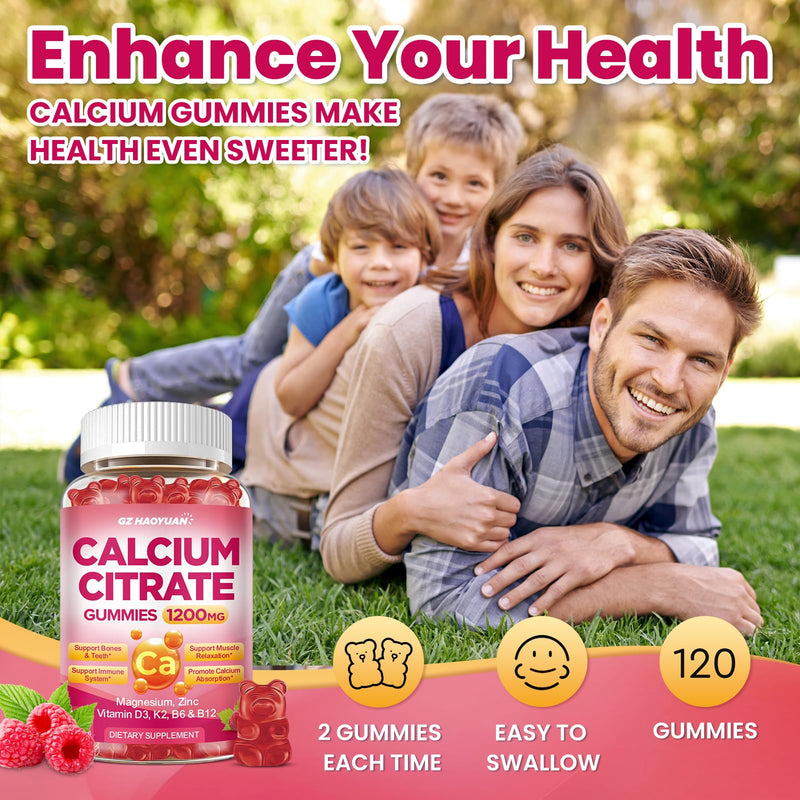 Calcium Citrate Gummies - 1200mg Calcium Gummies Supplements for Women & Men with Vitamin D3, K2, Magnesium, Zinc High Absorption for Bone, Muscle & Immune Support, Raspberry Flavor, 120 Count 60 Count (Pack of 2)