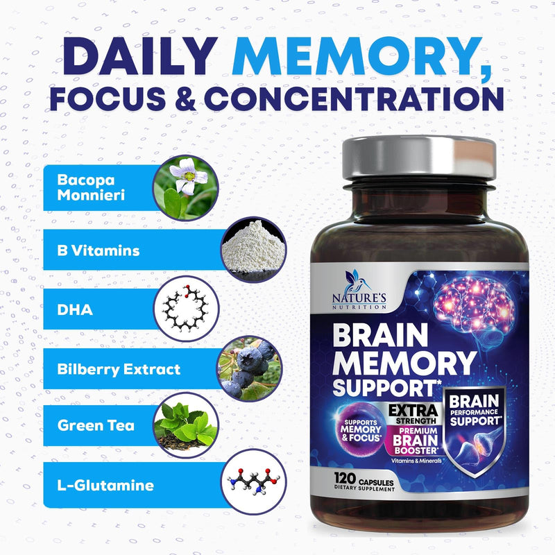 Brain Memory Supplement Pills - 3X Strength Nootropics for Concentration, Clarity & Focus Support - Brain Health Cognitive Vitamins with Bacopa, Phosphatidylserine & DMAE, Brain Booster - 120 Capsules 120 Count (Pack of 1)