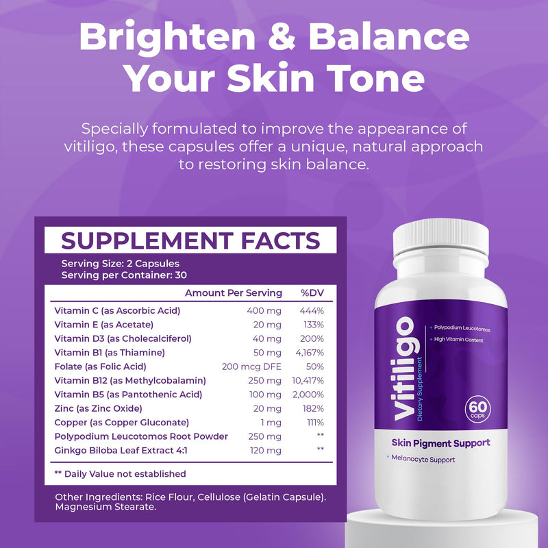 Vitiligo Capsules 60 Count | 1 Month | Improve Skin Pigmentation Support and Reduce White Spots | Effective Vitiligo Supplement | Natural Solution for White Spots on Skin. (1)