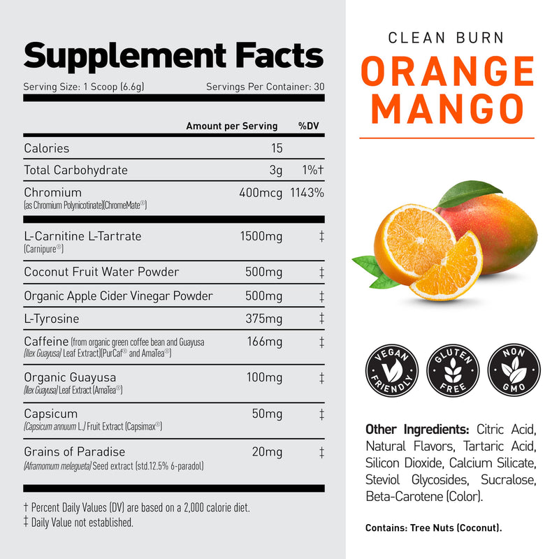 Kaged Clean Burn Powder | Orange Mango | Thermogenic Weight Management | Boost Metabolism | Organic Caffeine, Apple Cider Vinegar | Supplements for Men & Women | 30 Servings Orange Mango (Powder)