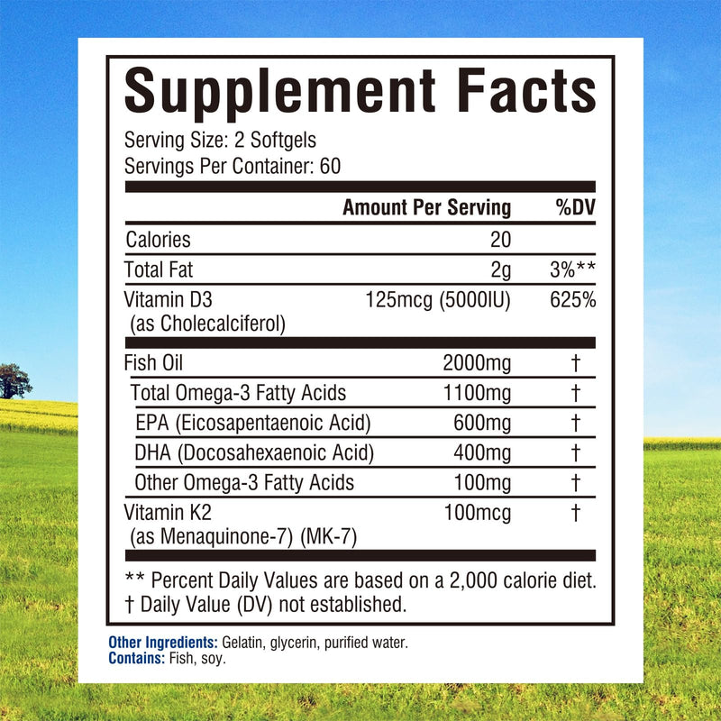 Innate Vitality Omega 3 Fish Oil Supplement, 2000mg Fish Oil Per Serving, EPA 600mg + DHA 400mg with Vitamins D3 K2, Supports Brain & Heart Health, Sustainable & Wild-Caught, 120 Softgels Unflavored 120 Count (Pack of 1)