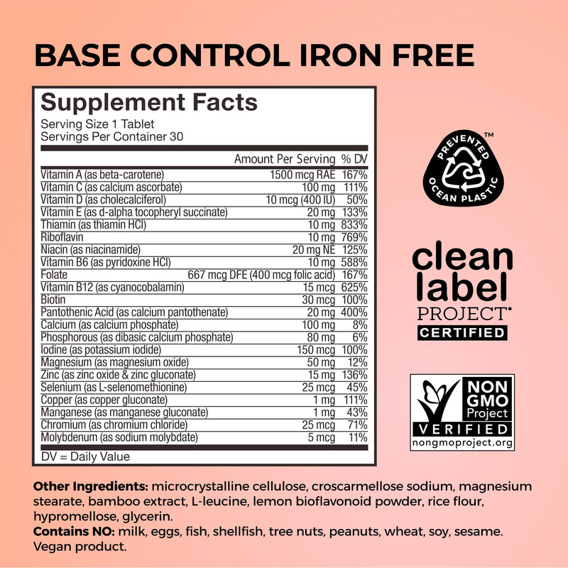 HUM Base Control Iron-Free Women's Multivitamin with 22 Nutrients, 30 Count | Biotin, Zinc, B Complex & Vitamin C, Iron-Free Formula, Women, Gluten Free, Non-GMO, 30 Capsules