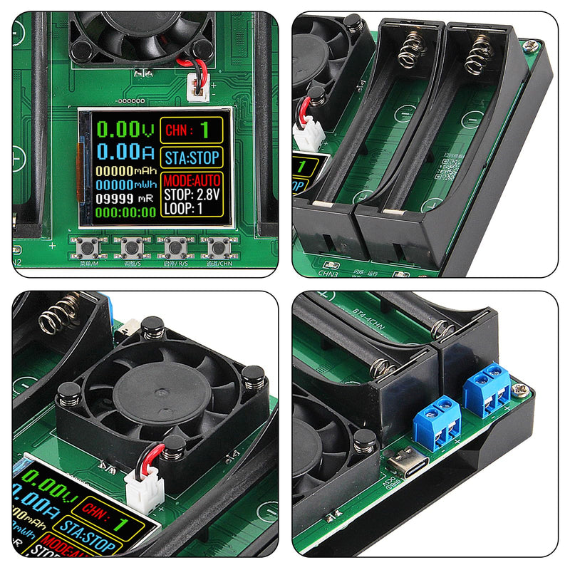 2Pcs 4-Channel 18650 Battery Capacity Tester, Automatic Charge Discharge Module with Internal Resistance Test for Flat Top Batteries, Type-C Powered Lithium Battery Analyzer