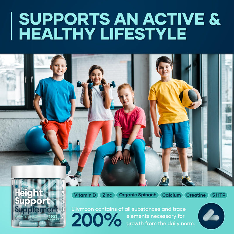 Height & Bone Support Supplement - Premium Height Growth Supplement for Kids & Teens with Calcium - Nutritional Support Bone Health Formula - Height Increase Essential Vitamins - 180 Caps 180 Count (Pack of 1)