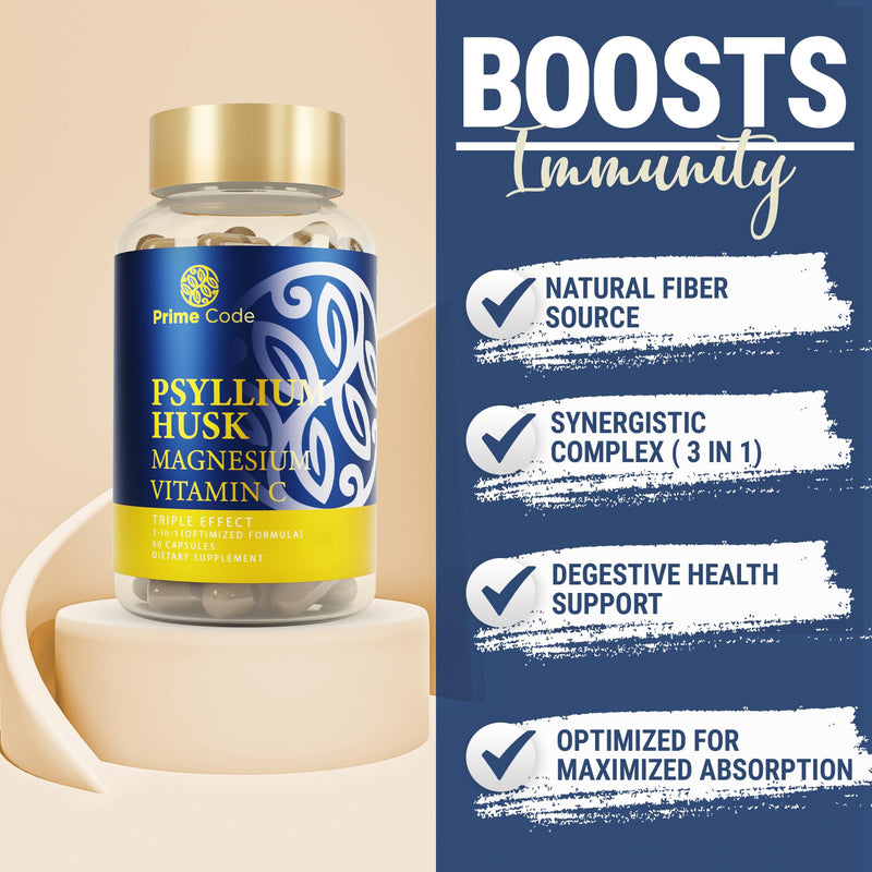 Prime Code [ 3 𝐢𝐧 𝟏] Psyllium Husk Capsules with Magnesium Citrate and Vitamin C | Psyllium Husk Capsules 1000mg | Magnesium Citrate 200mg | Vitamin C 250mg | Non-GMO | Gluten & Soy Free | Vegan
