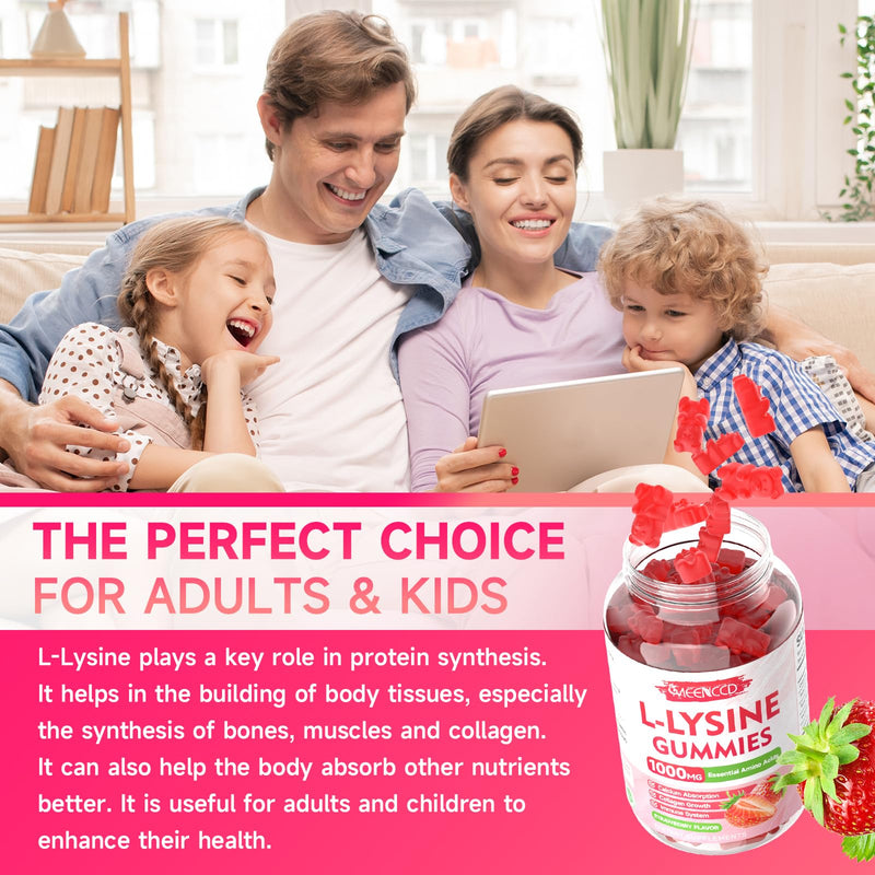 MEENCCD 2 Pack L-Lysine 1000mg Gummies, Lysine Supplement for Adults & Kids, Essential Amino Acid for Oral & Lips Health, Boost Immune & Calcium & Collagen, Sugar-Free, Strawberry Flavor, 120 Count 60 Count (Pack of 2)