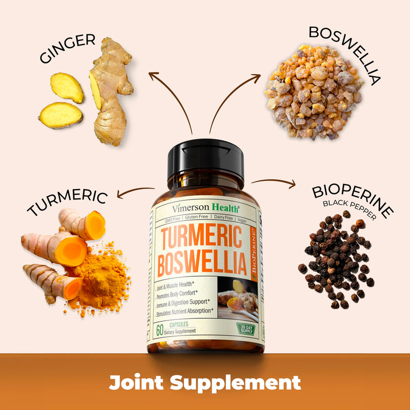 Turmeric Curcumin Supplement with Boswellia Serrata Extract, Organic Turmeric, Ginger and Black Pepper. Joint Support Supplement - High Absorption Tumeric 95% Curcuminoids. Digestive & Immune Support 60 Count (Pack of 1) - BeesActive Australia