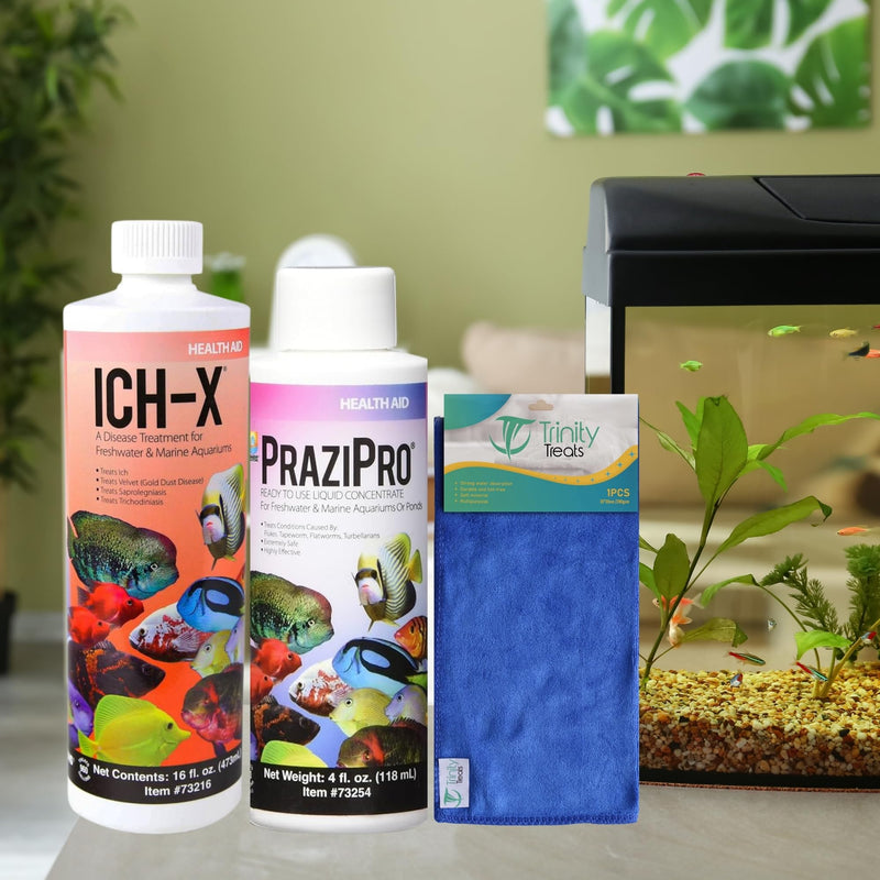ICH X 16 fl oz, PraziPro 4 fl oz for Freshwater, Including Trinity Treats Microfiber Cleaning Cloth (ICH X for Freshwater Fish, PraziPro for Fish) - BeesActive Australia