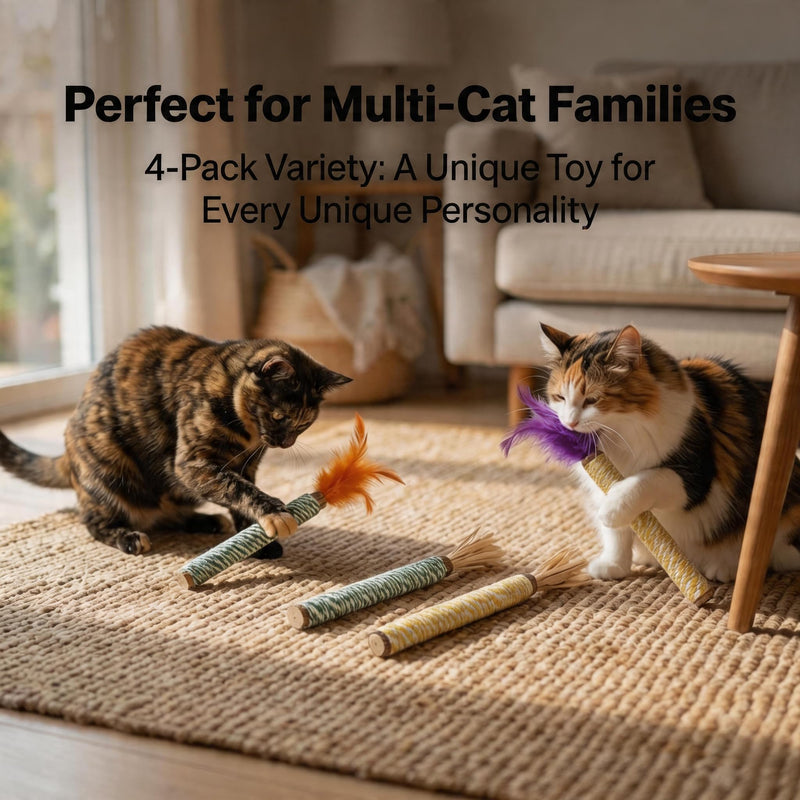 Cat Silvervine Toys - Natural Matatabi Cat Chews with Feathers & Raffia, Organic Catnip Sticks for Dental Care, Stress Relief (4 Packs)