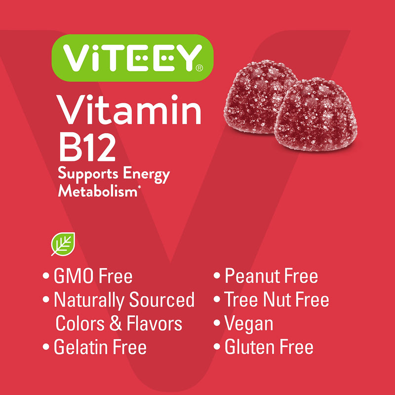 Viteey Vitamin B12 Gummies | Cognitive Support and Energy Gummies - Vegan, Gelatin Free, Gluten Free - Tasty Chewable Raspberry Flavored Gummy - 120 Count 60 Count (Pack of 2)