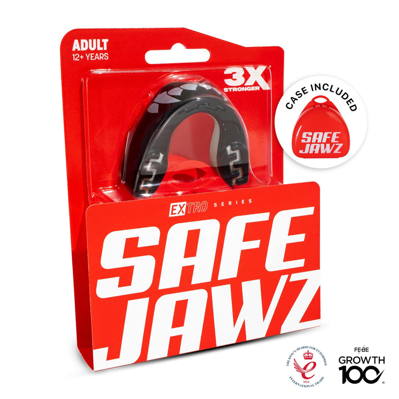 SAFEJAWZ Mouth Guard, Dual Layer Mouthguard for Adults with Case, Easy Fit Remoldable Mouthpiece for Football, Boxing, Lacrosse, MMA, Basketball & All Contact Sports (Adult 12+ Years, Black Fangz) Adults 12+ Years - BeesActive Australia
