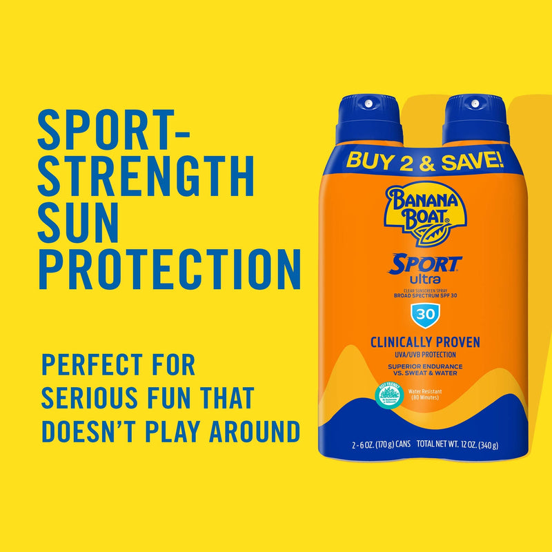 Banana Boat Sport Ultra SPF 30 Sunscreen Spray Twin Pack | Banana Boat Sunscreen Spray SPF 30, Spray On Sunscreen, Water Resistant Sunscreen, Oxybenzone Free Sunscreen Pack, 6oz each 6 Ounce (Pack of 2) - BeesActive Australia