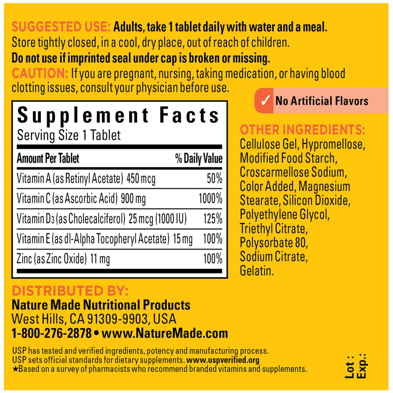 Nature Made Super C with Vitamin D3 and Zinc, Dietary Supplement for Immune Support, 60 Tablets, 60 Day Supply Unflavored 60 Count (Pack of 1) - BeesActive Australia