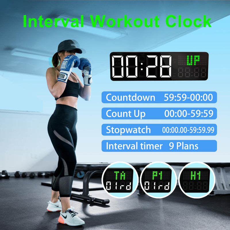 LUCORB 12'' Gym Clock, Interval Workout Digital Wall Clock with Seconds Date for Home Gym, 5 Display Modes | Remote Countdown Timer, Stopwatch | 4 Alarms fit Classroom Living Room Office - BeesActive Australia