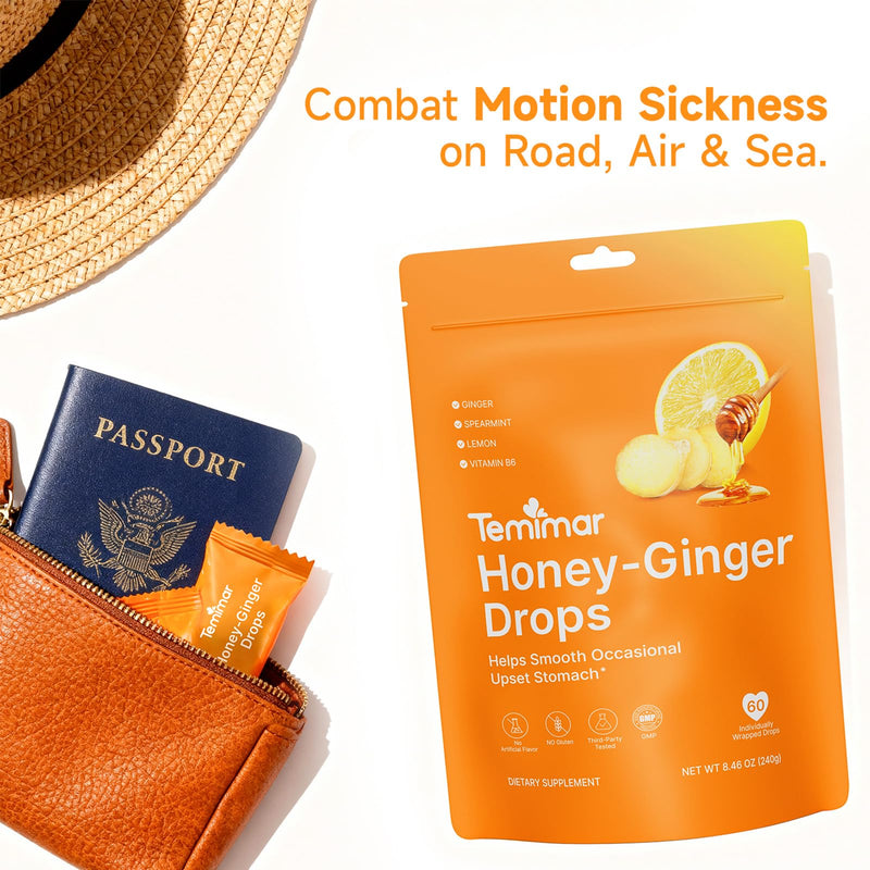 Honey-Ginger Drops for Nausea Relief, Support Upset Stomach & Motion Sickness Relief, Added Ginger & Vitamin B6 for Pregnant Women Morning Sickness, 60 Individually Lozenges Honey-Ginger 60 Count