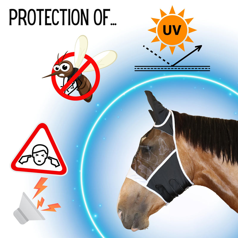 Horse Fly Mask with Ears | UV & Fly Protection | Breathable and Stretchy Lycra Fly Masks for Horses with Double Velcro Closure Black Medium - BeesActive Australia