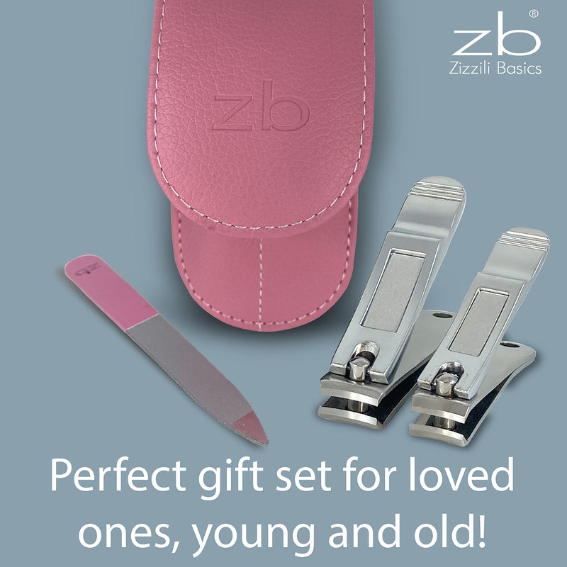 Nail Clippers by Zizzili Basics - 3 Piece Nail Clipper Set - Stainless Steel Fingernail & Toenail Clippers with Nail File & Bonus Pink Carry Case - Best Nail Care for Manicure, Pedicure, Home & Travel 3 Piece Set Pink Case