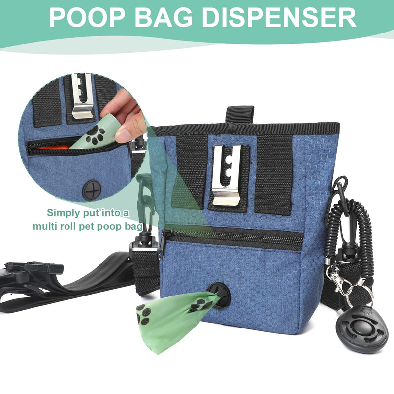 Dog Treat Pouch Magnetic Closure with Training Clicker，Hands-Free Design to Prevent Spills，Built in Poop Bag Dispenser，3 Ways To Wear，Metal Clip Waist Belt and Fanny Pack for Pet Walking（Blue） Blue - BeesActive Australia